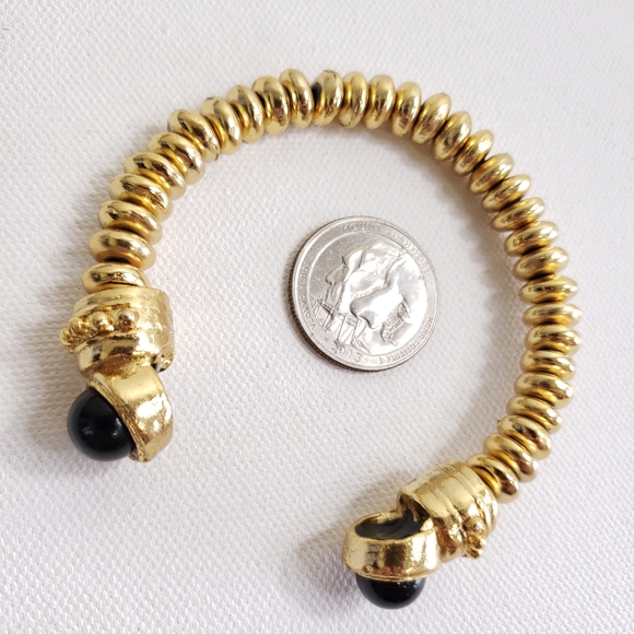 Chunky Vintage Yellow Goldtone Disc Cuff Bracelet w Black Glass Cabochons - Picture 8 of 16